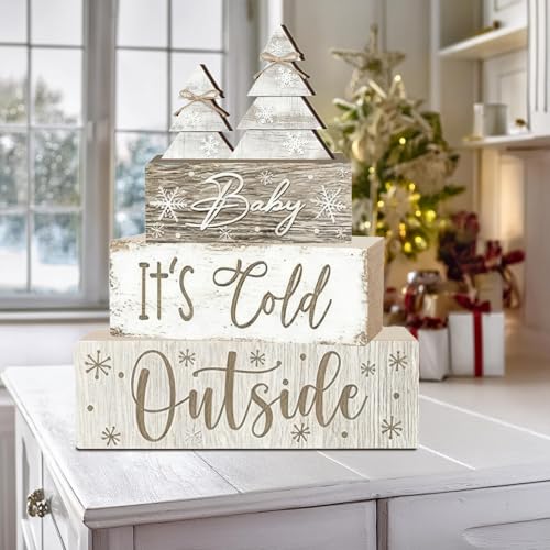 White Wooden Christmas Tree Tiered Tray Decor - Rustic Farmhouse Holiday Centerpiece