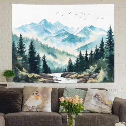 Mountain White Watercolor Tapestry 60x44 Inch Misty Forest River Scene - Wolijojo
