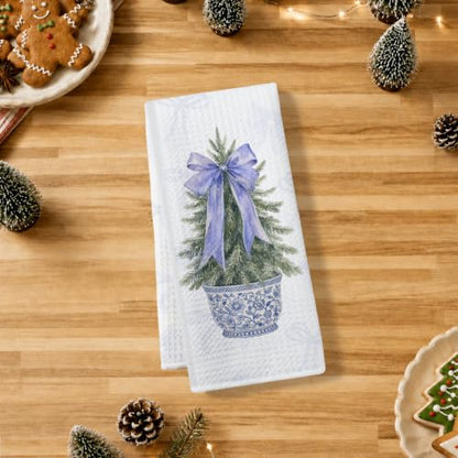 Chinoiserie Christmas Kitchen Towels - Blue Bow Tree Dish Hand Towels Multi 0368