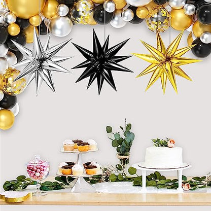 Black Gold Silver Foil Star Balloons Set - Conical Explosion Party Decor - Variation of THIS listing