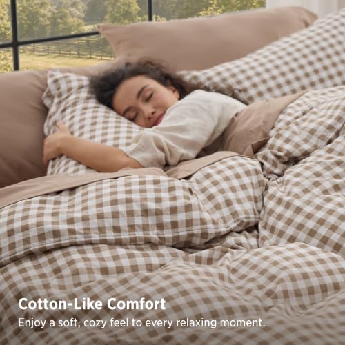 Bedsure Brown Gingham Queen Comforter Set - Reversible, Soft All-Season Bedding