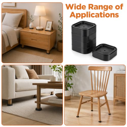 Adjustable Furniture Risers Set - Stackable Plastic Bed & Desk Supports, 1.38 Inch Height, Black