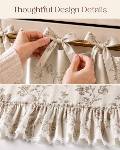 Farmhouse Oven Curtain with Tie Top - Taupe Floral Kitchen Decor