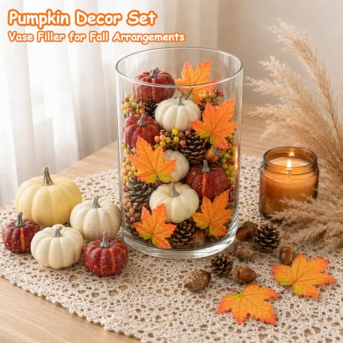 Artificial Pumpkin Decor Fall Mini Pumpkin Ornaments with Maple Leaves & Acorns - 23pcs