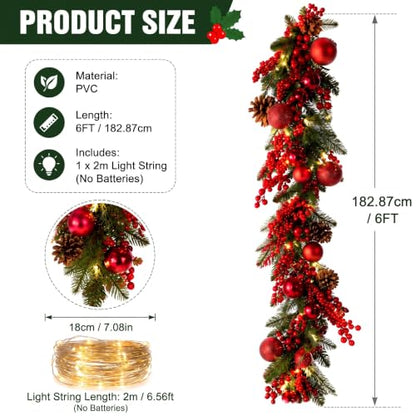 6ft LED Prelit Christmas Garland with Burgundy & Rustic Variations