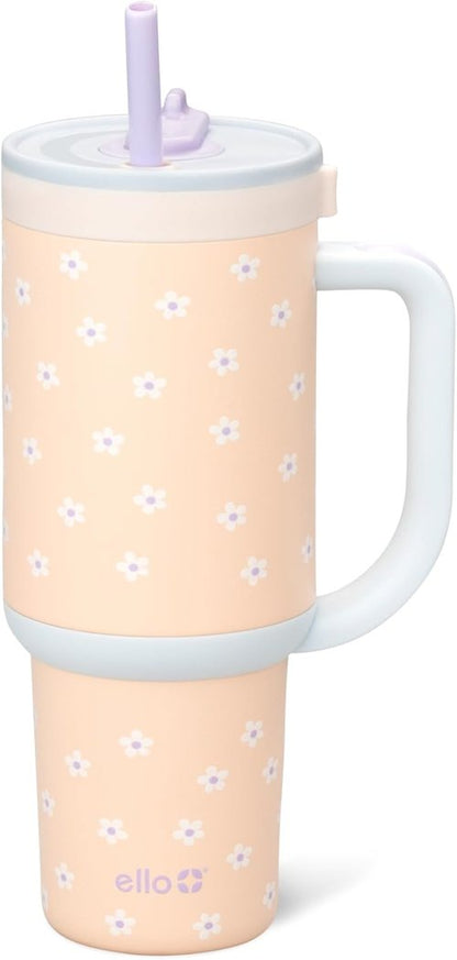 Ello Oasis 30 oz Tumbler - Insulated Stainless Steel Cup with Handle & Straw | 24-Hour Cold Retention, Daisies