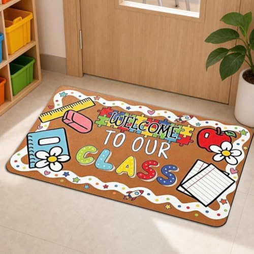 Classroom Welcome Mat with Flower Design - Non Slip Entry Rug for School