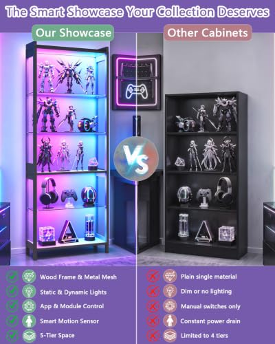 67-Inch Black Display Case with Glass Shelves, RGB Lighting & Motion Sensor