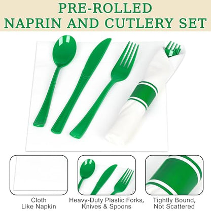 50 Pack Green Plastic Silverware Set with Napkins - Pre-Rolled Disposable Utensils