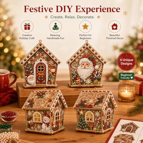 3D Wooden Christmas Gingerbread House Pearl Art Kit with Lights - Multiple Styles