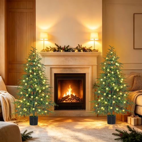 4 FT Pre-Lit Artificial Norfolk Christmas Tree Set - Potted, 2 Pack