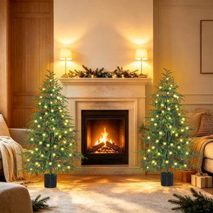 4 FT Pre-Lit Artificial Norfolk Christmas Tree Set - Potted, 2 Pack