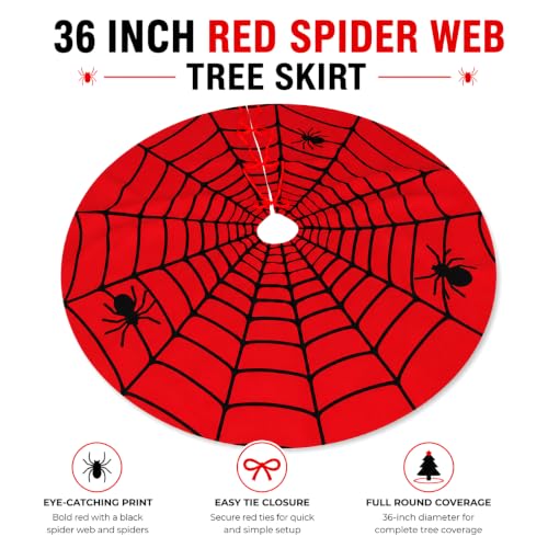 36-Inch Halloween Spider Web Tree Skirt with Red & Black Web Design - Gothic Holiday Decoration