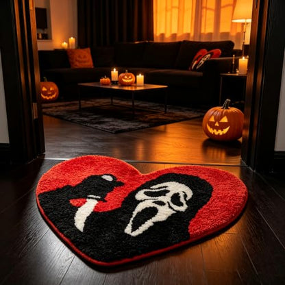 Halloween Ghost Shaped Rug with Plush Tufted Surface and Non-Slip Backing - Irregular Size with Variation Skull Hearts