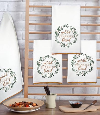 Christmas Kitchen Dish Cloths Set of 2 - White, Green, Brown Embroidered Cotton Towels 20x28 - Holiday Decor
