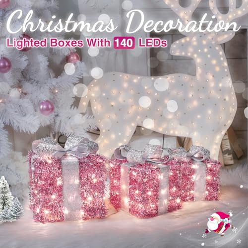 Pink Lighted Gift Box with 140 LEDs Christmas Decorations - Elegear - Standard