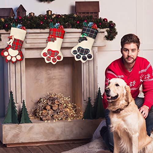 Pet Christmas Stockings 3 Pack Plaid Linen Cotton Pet Paw Design Festive Decor