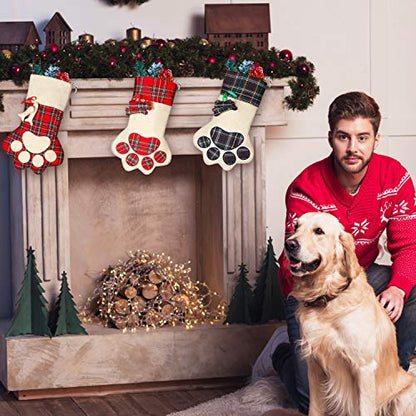 Pet Christmas Stockings 3 Pack Plaid Linen Cotton Pet Paw Design Festive Decor