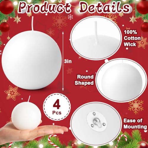 White Christmas Ball Candles 4pcs - Round Wax Table Decor