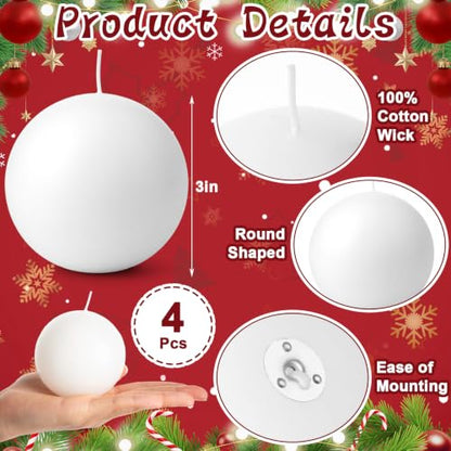 White Christmas Ball Candles 4pcs - Round Wax Table Decor