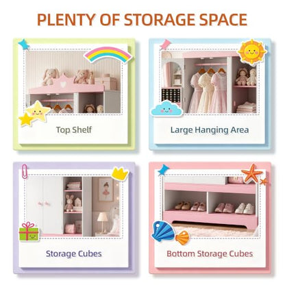 Kids Dress Up Storage Armoire with Hidden Jewelry Cabinet & Mirror - Toddler Wardrobe Organizer