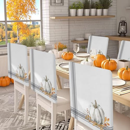 Set of 4 Fall Pumpkin Chair Covers - White & Grey Halloween & Thanksgiving Decor