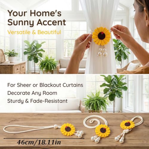 Sunflower Curtain Tiebacks with Ladybug & Pearl - Yellow, Adjustable 2-Pack
