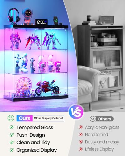 Black 3-Tier Glass Display Cabinet with RGB LED Lights and Charging Station