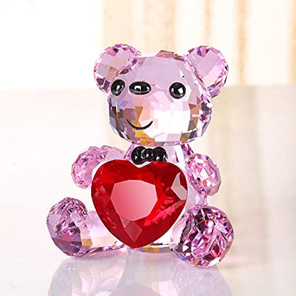 Crystal Teddy Bear Figurine with Red Heart - Pink Collectible Gift Ornament