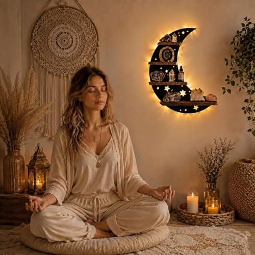 Moon Black Crescent Moon Crystal Display Shelf with LED Light Wall Decor