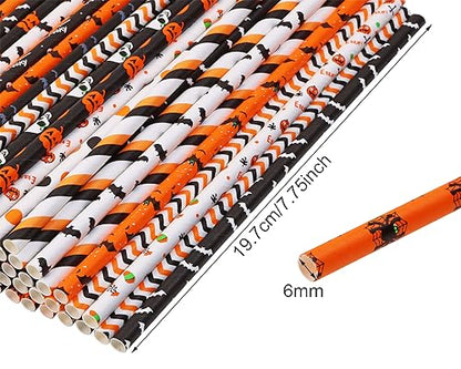 Halloween Paper Straws Penta Angel 50Pcs Pumpkin Bat Spider Wed Skull Pattern - Halloween Pattern