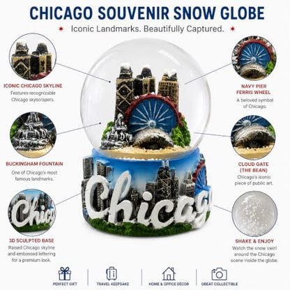 Chicago Cloud Gate Snow Globe with Chicago Skyline and Landmarks – Collectible Winter Decor