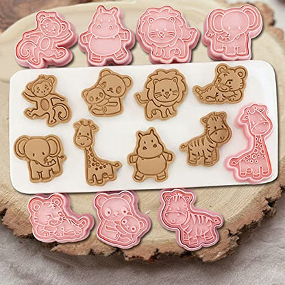 Animal Cookie Cutters with Plunger Stamps - 8 Pcs 3D Animal Shapes, Reusable Kids Baking Tool