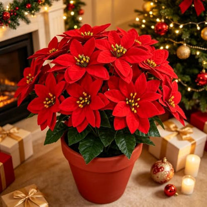 Artificial Red Poinsettia Flowers - Realistic Holiday Christmas Decor - 6PCS
