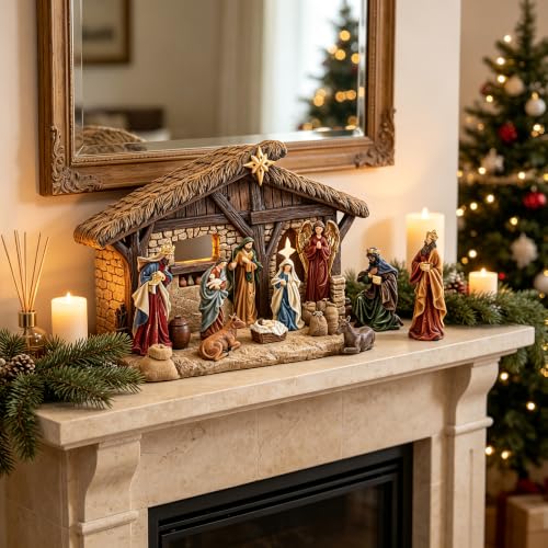 Lighted Nativity Scene Stable Creche - Hand-Painted Resin Christmas Figurines, 14.5" Height