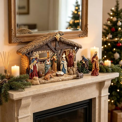 Lighted Nativity Scene Stable Creche - Hand-Painted Resin Christmas Figurines, 14.5" Height