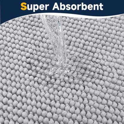 Grey Bathroom Rug 30x20 Chenille Non Slip Absorbent Quick Dry Bath Mat - Soft Floor Rug Set