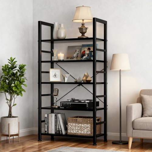 Modern Black 5-Tier Industrial Bookshelf - Free Standing Bookcase with Open Shelves