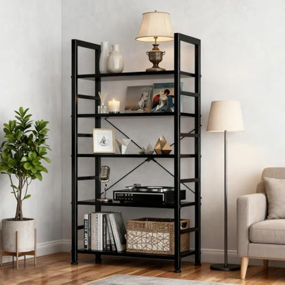 Modern Black 5-Tier Industrial Bookshelf - Free Standing Bookcase with Open Shelves
