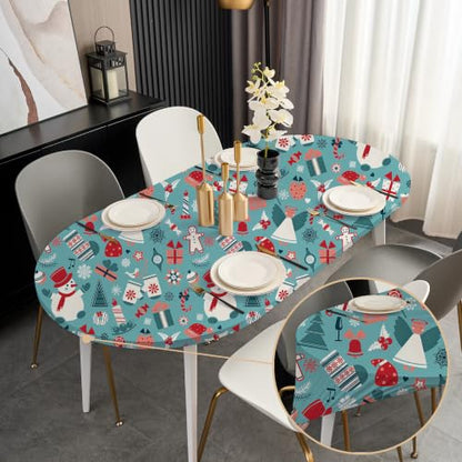 Christmas Oval Fitted Tablecloth 48x68 Inch Elastic Holiday Table Cover - Teal Blue