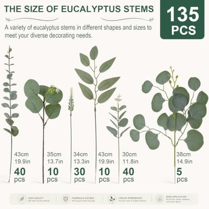 135 Pcs Artificial Eucalyptus Stems for Decor - Mixed Greenery, Flexible & Realistic