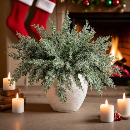 Snowy Artificial Christmas Pine Branches - 10 Pcs Faux Xmas Decor Sprigs, Style of Snowy