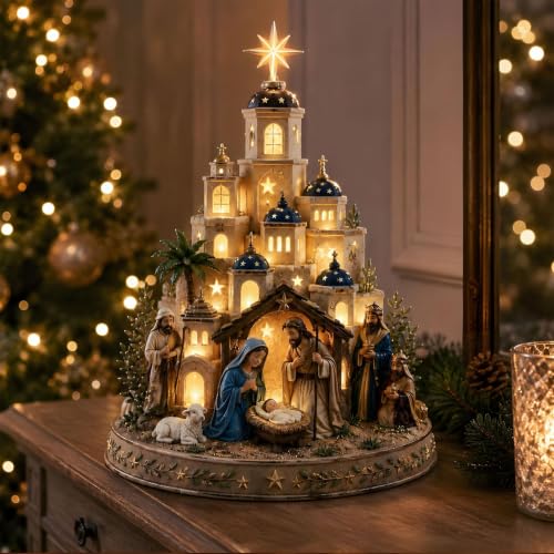 Nativity Scene Light Tower Set with Holy Family & Star Top - Christmas Tabletop Decor