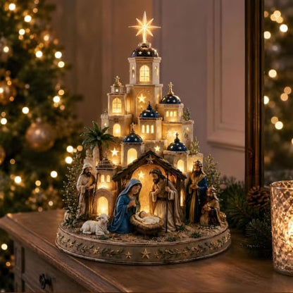 Nativity Scene Light Tower Set with Holy Family & Star Top - Christmas Tabletop Decor
