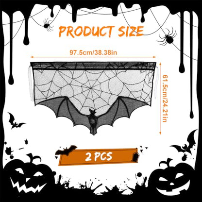 Halloween Black Lace Bat Window Curtains - Spiderweb Design, 2 Pack - Variation of Black-Bat/2
