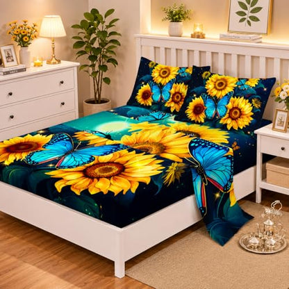 Twin Sunflower Printed Sheet Set for Kids & Teens - 4Pcs, Microfiber