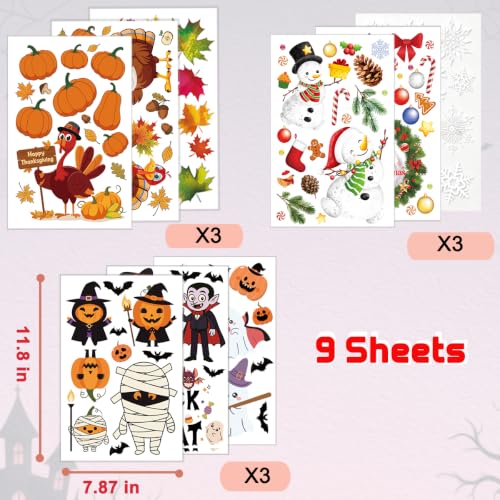 Holiday Window Clings 3-in-1 Set for Halloween Thanksgiving Christmas - Seasonal Decor with Variation Halloween+Thanksgiving+Christmas