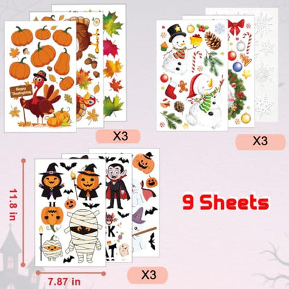 Holiday Window Clings 3-in-1 Set for Halloween Thanksgiving Christmas - Seasonal Decor with Variation Halloween+Thanksgiving+Christmas