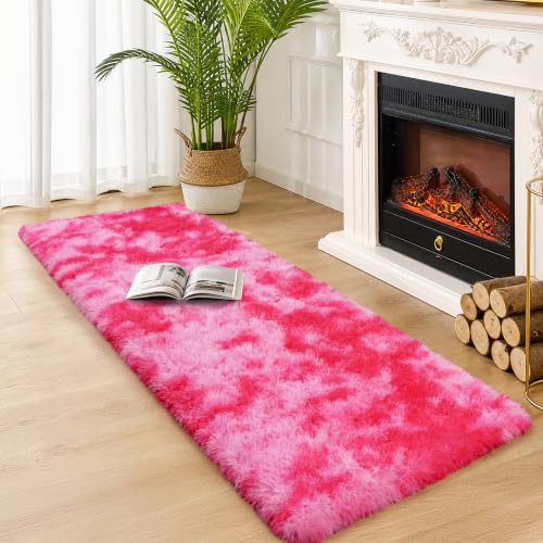 Tie-Dyed Hot Pink Runner Rug 2x6 ft Plush Shag Floor Mat for Hallway