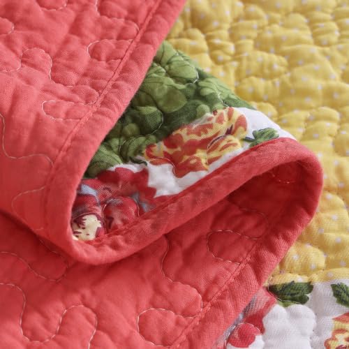Queen Size Floral Patchwork Cotton Quilt Set with Pillow Shams - Red Yellow